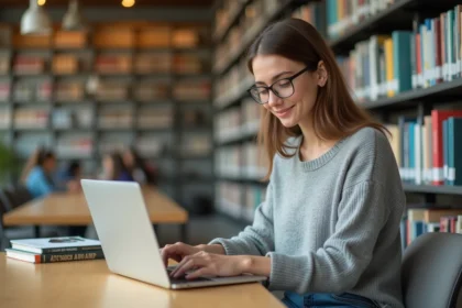 Jeune étudiante souriante sur son ordinateur dans une bibliothèque universitaire