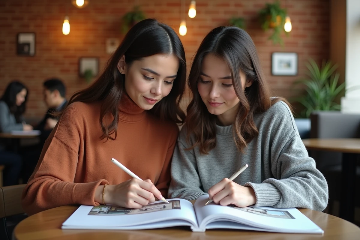 Deux étudiantes en décoration intérieure consultant ensemble un portfolio imprimé dans un espace de coworking créatif, discutant de projets de design