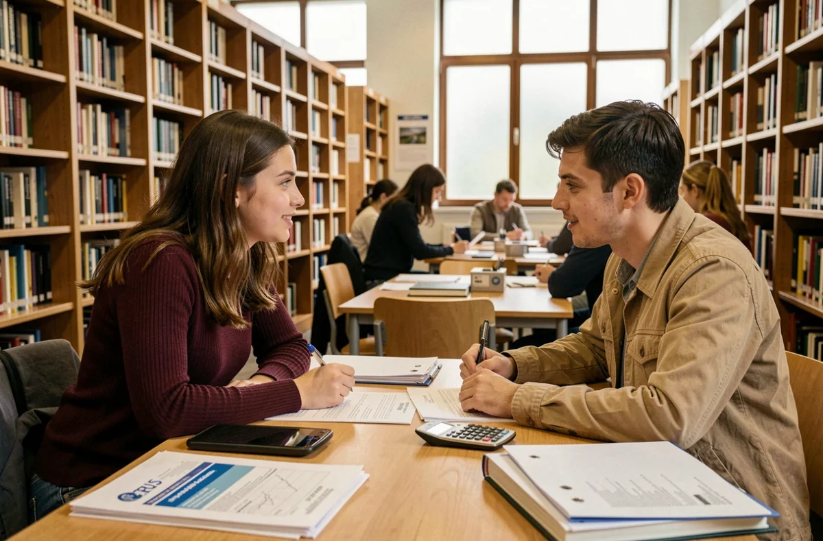 Deux étudiants consultant ensemble des documents liés à la simulation de bourse CROUS dans une bibliothèque universitaire