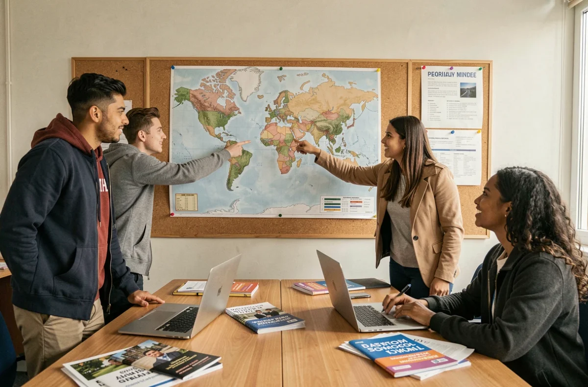 Groupe d'étudiants en école de commerce étudiant une carte du monde pour préparer leur mobilité internationale et leur classement de programmes