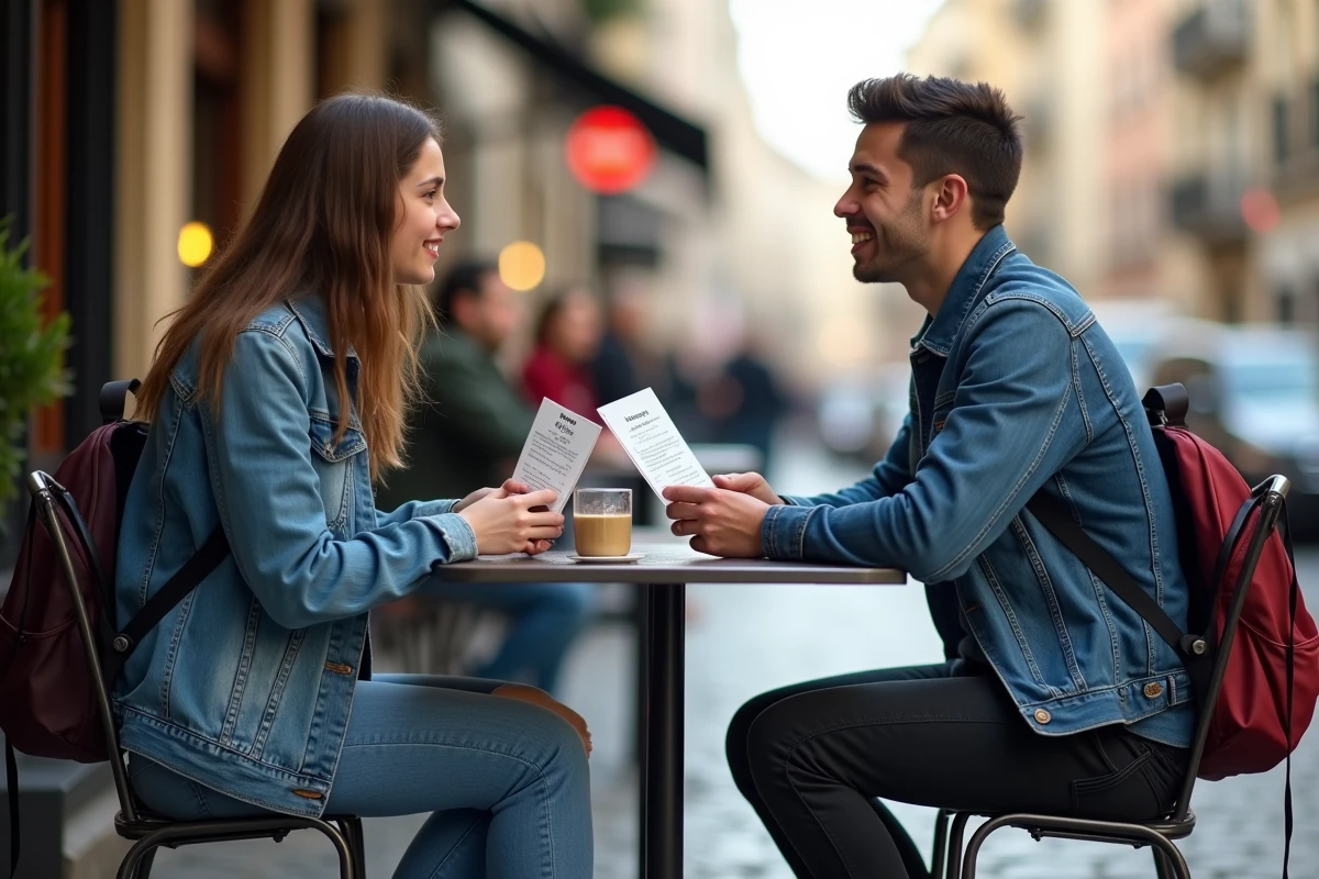 Deux étudiants pratiquant la conversation en espagnol en terrasse de café avec une fiche de conjugaison sur le futur et ir a infinitif