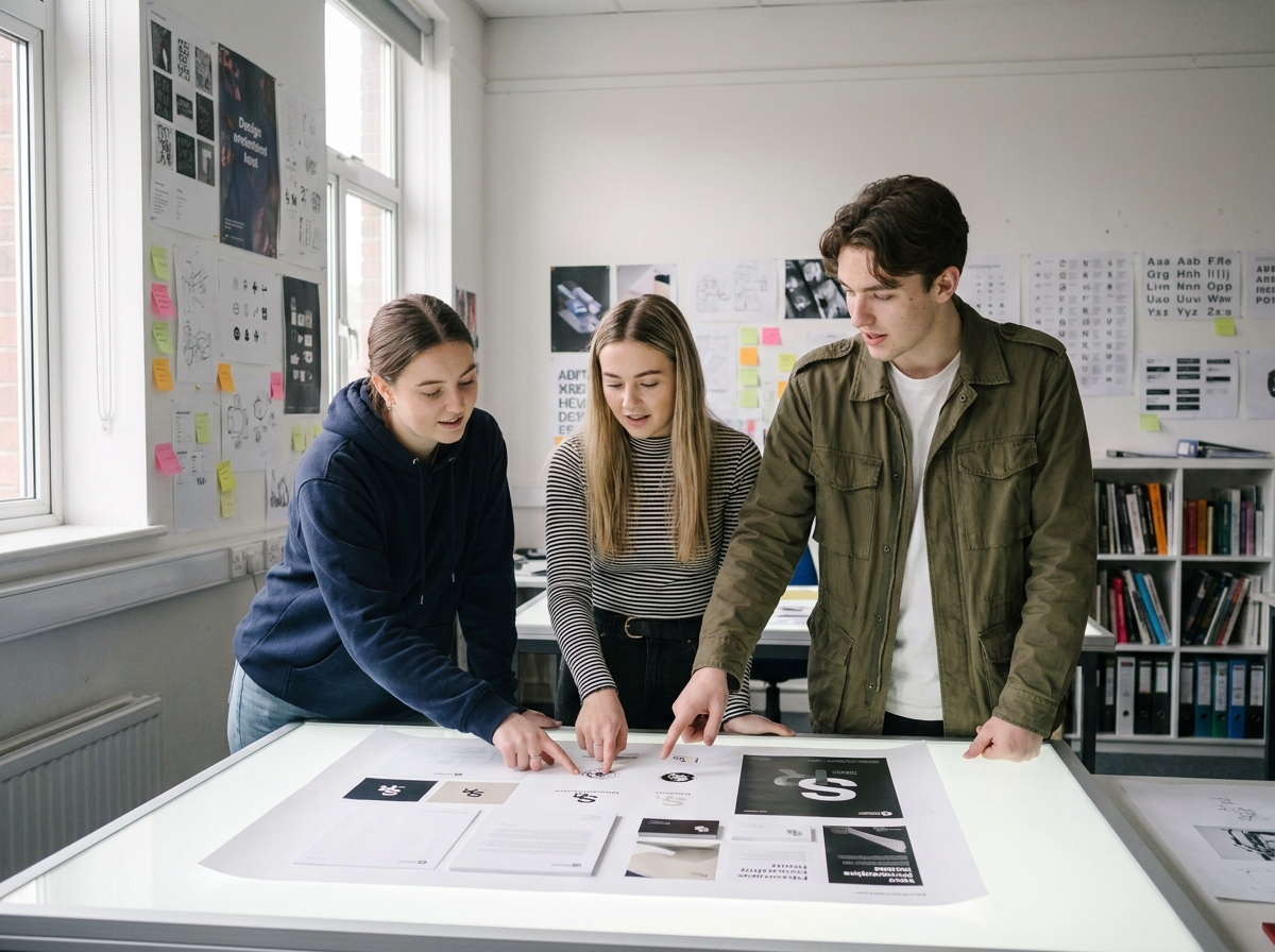 Groupe d'étudiants en design graphique analysant un projet d'identité visuelle imprimé sur une table lumineuse lors d'une session de critique en école d'art