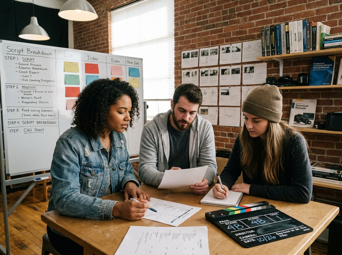 Groupe d'étudiants en formation aux métiers du plateau analysant des documents de production cinématographique dans un atelier pratique