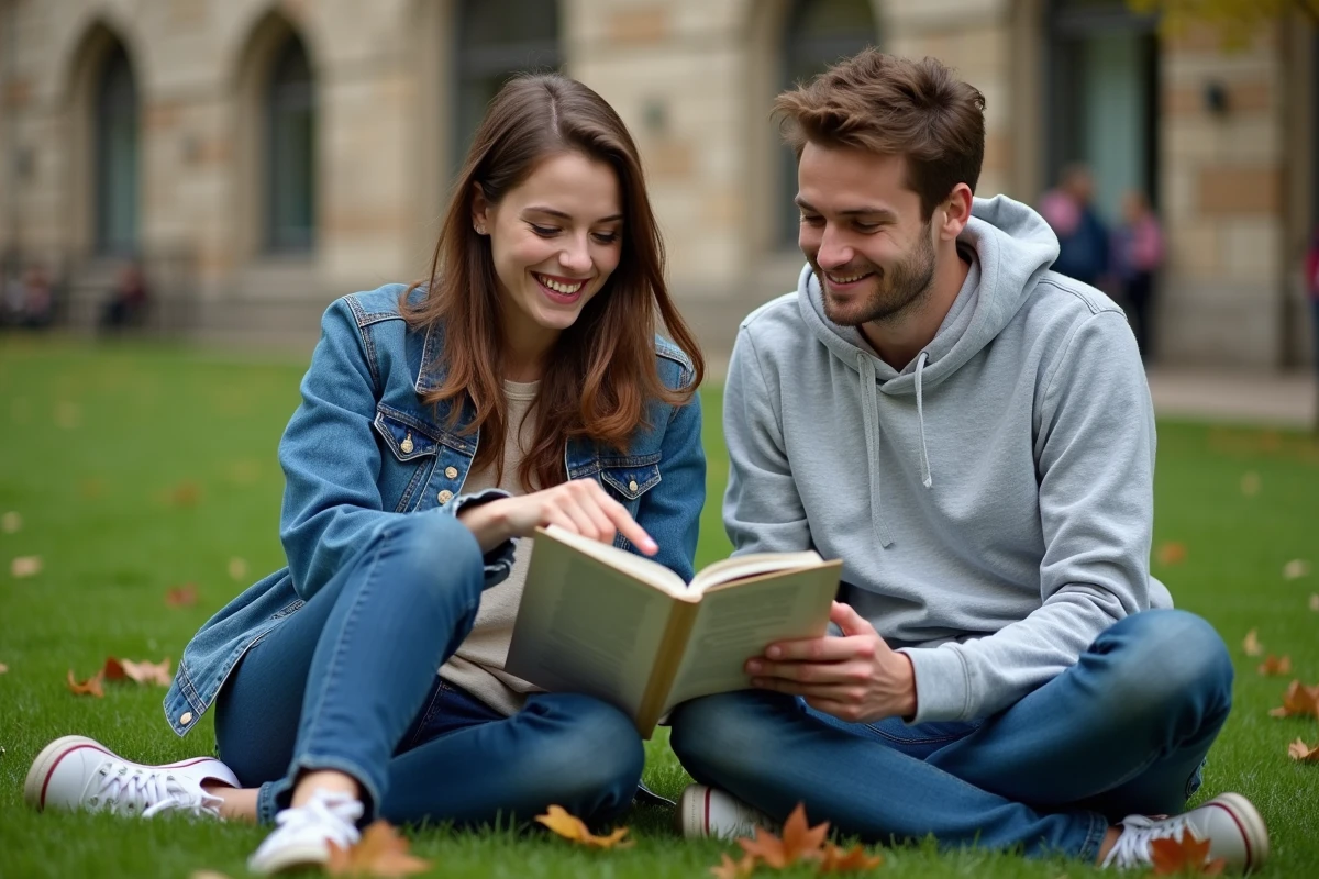 Deux étudiants révisant ensemble les verbes espagnols avoir sur un manuel de grammaire en plein air sur un campus universitaire