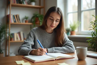Jeune femme étudiant la conjugaison espagnole du futur simple et de la structure ir + a + infinitif dans un carnet de notes à son bureau