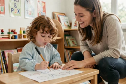 Jeune fille en maternelle s'entraînant à tracer des lettres sur du papier avec l'aide de son enseignante dans une salle de classe colorée