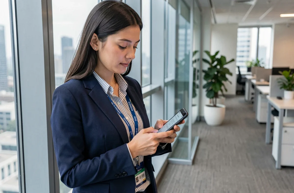 Professionnelle s'exerçant aux tests psychotechniques sur smartphone pendant une pause au bureau