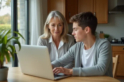 Mère et adolescent consultant ensemble le portail ENT du collège sur un ordinateur portable dans une cuisine familiale