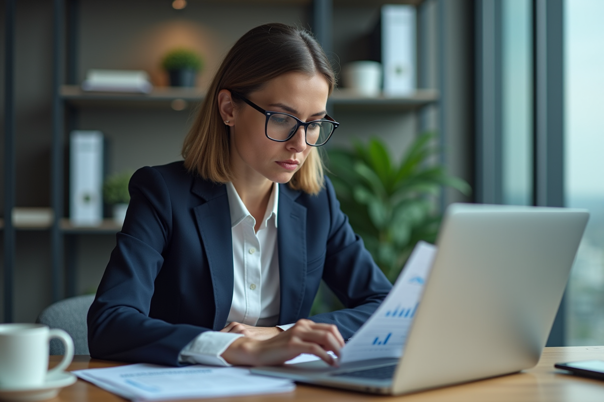 Femme d affaires en costume analyse des graphiques financiers