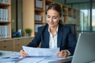 Femme d'affaires en bureau moderne examine documents financiers