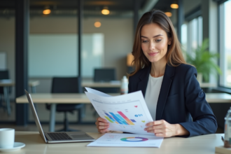 Femme d'affaires en réunion avec graphique marketing