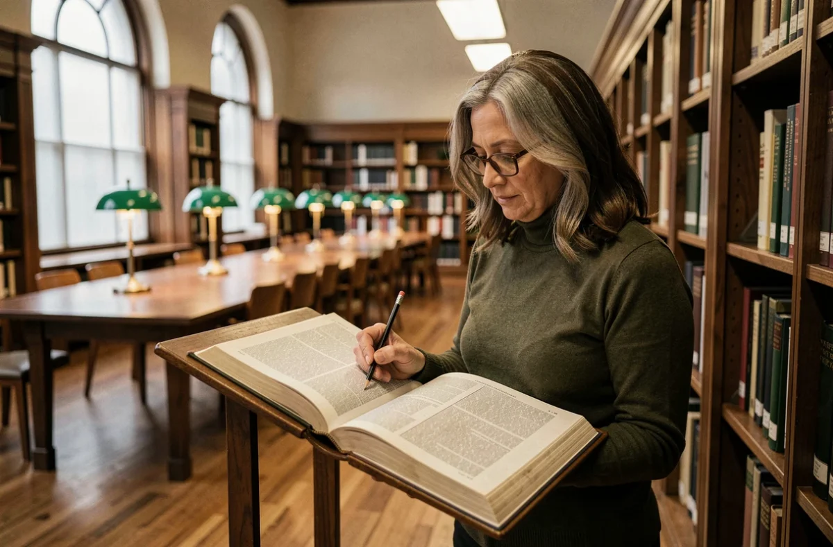 Femme annotant un livre de référence dans une salle de lecture de bibliothèque publique traditionnelle, symbolisant l'étude des formes verbales du passé simple en français