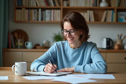 Femme moyenne âge écrivant des verbes espagnols dans un carnet