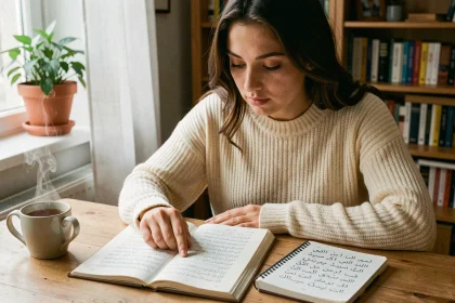 Jeune femme apprenant l'arabe avec un manuel pour débutants à son bureau à la maison