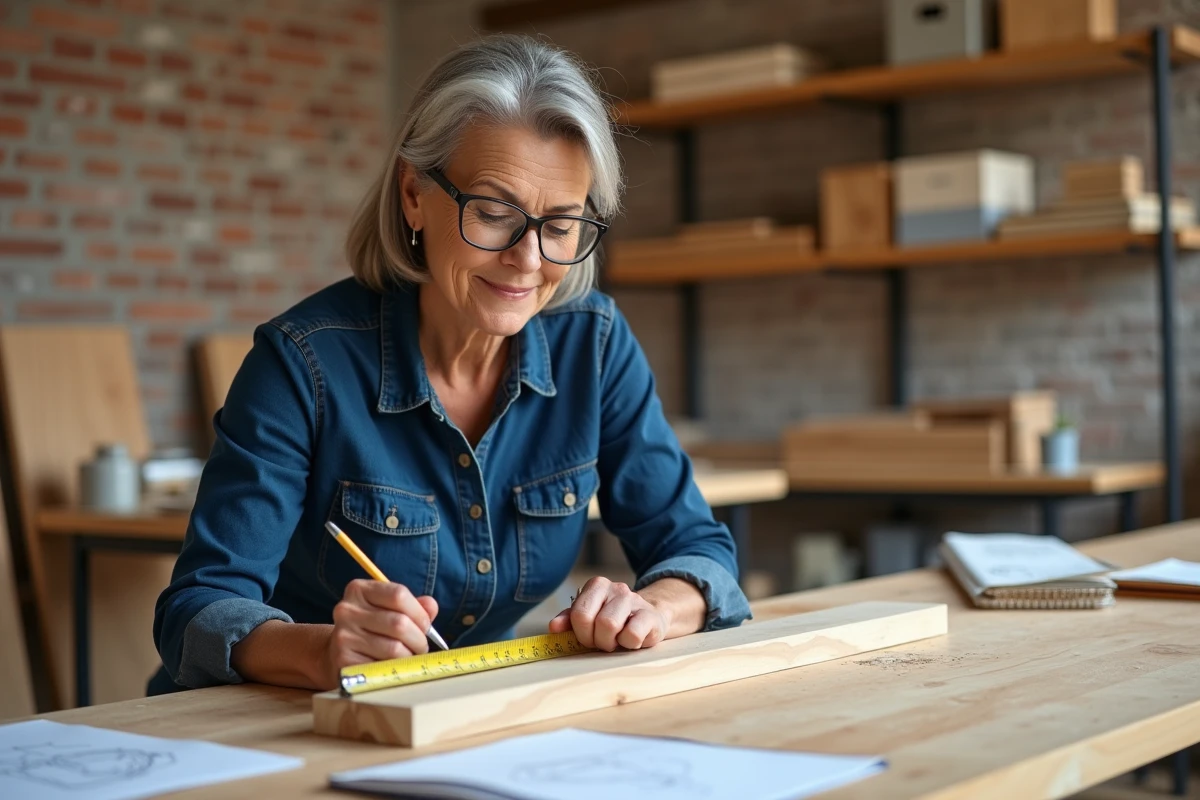 Femme adulte mesurant une planche en bois lors d'un atelier de bricolage pédagogique avec matériaux et outils visibles