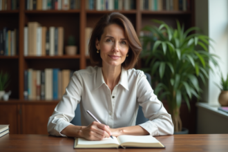 Femme d'âge moyen journalisant dans un bureau moderne