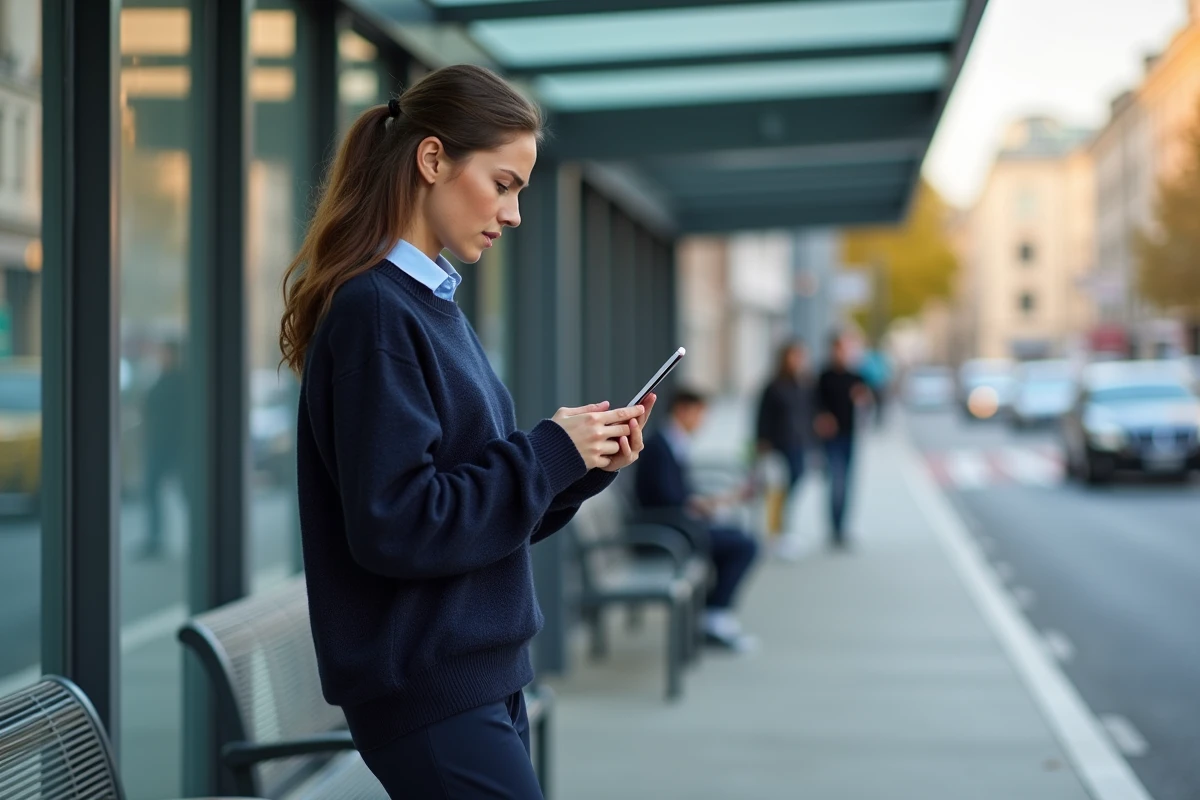 Jeune femme vérifiant son emploi du temps au bus