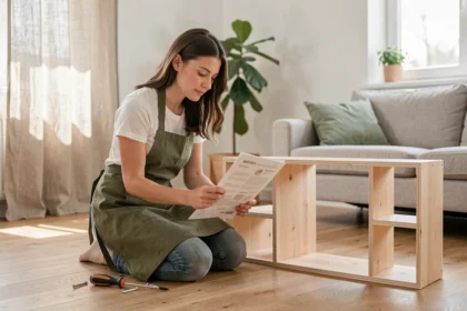 Femme apprenant le bricolage à domicile en assemblant une étagère en bois avec des instructions, dans un appartement moderne et lumineux