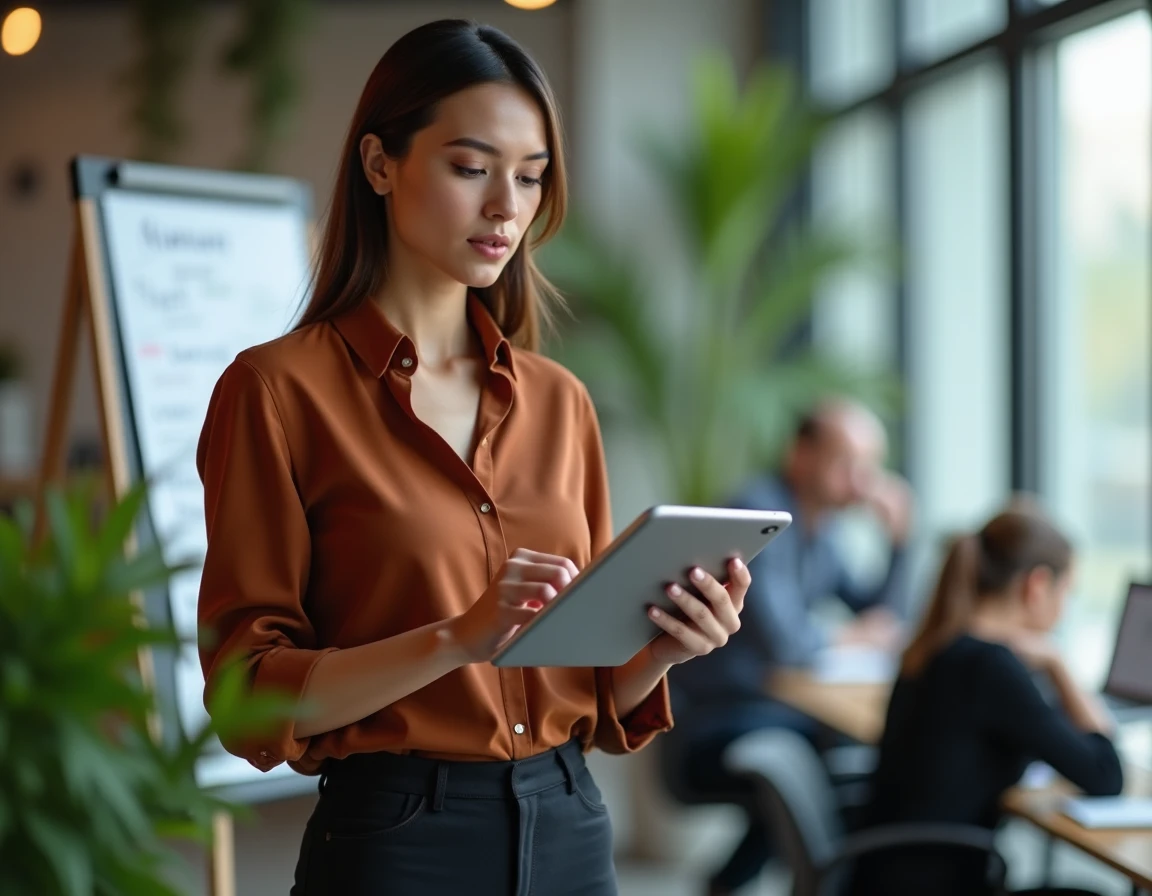 Femme debout dans un bureau moderne analysant sur tablette les formules de fin de lettre de motivation à bannir