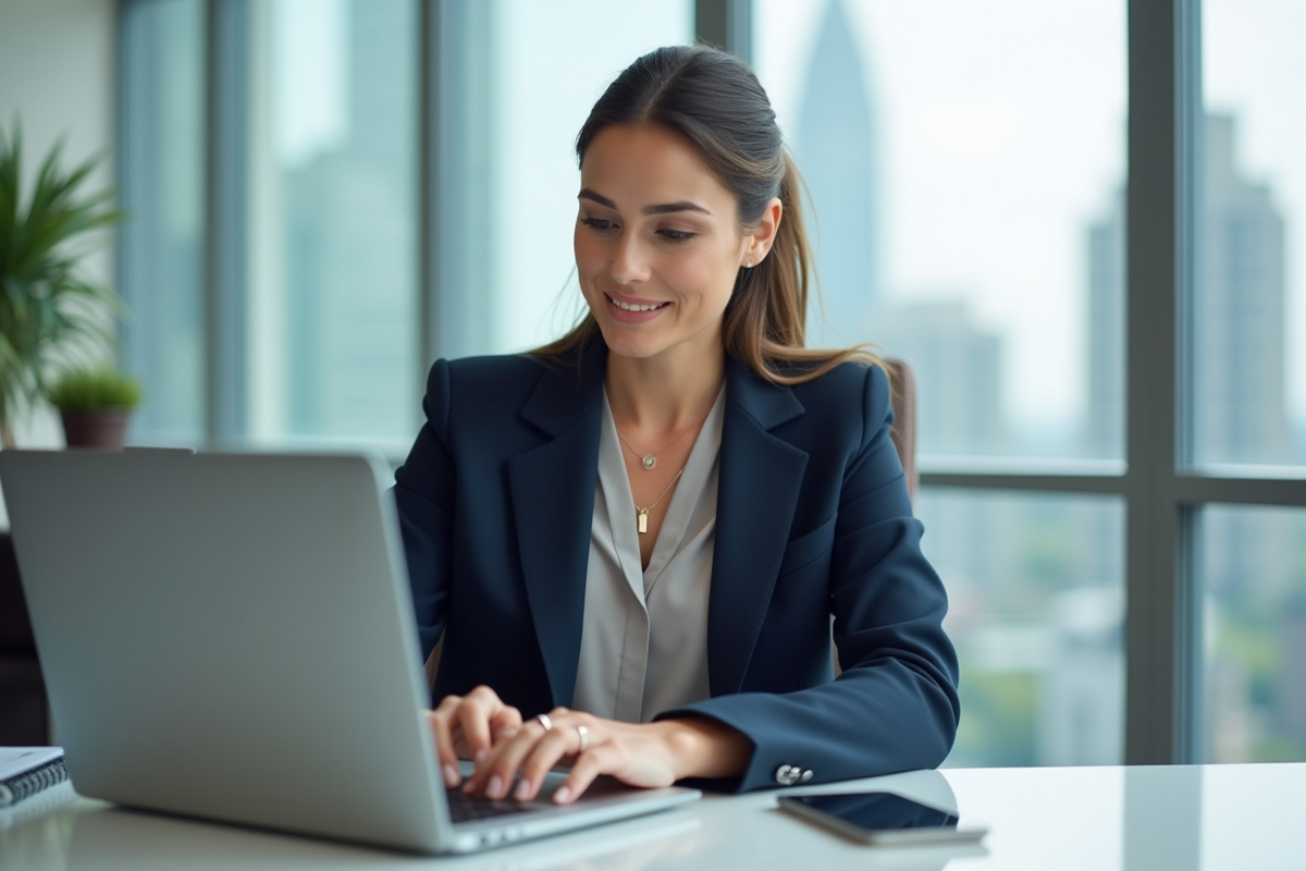 Femme d'affaires concentrée travaillant sur son ordinateur dans un bureau lumineux