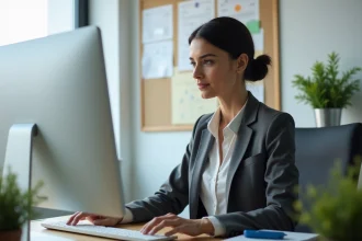 Femme professionnelle utilisant un ordinateur en bureau