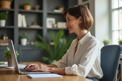 Femme d'une quarantaine travaillant sur son ordinateur dans un bureau moderne