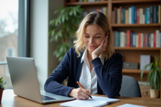 Femme concentrée dans un bureau moderne avec ordinateur