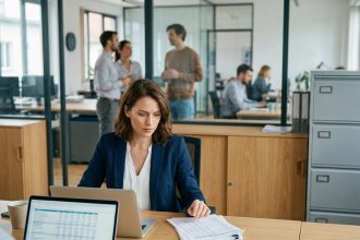 Femme cadre en finance étudiant des documents financiers sur un ordinateur portable dans un bureau moderne après un DBA