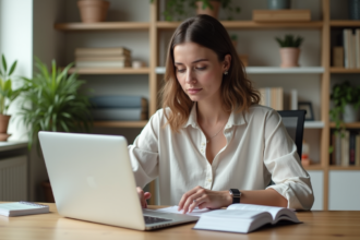 Femme concentrée examinant un programme de coaching dans un bureau lumineux