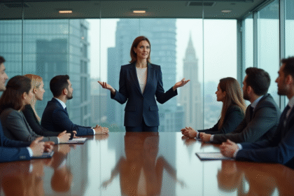 Femme en costume navy lors d'une réunion d'affaires