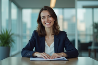 Femme confiante en blazer navy dans un bureau moderne