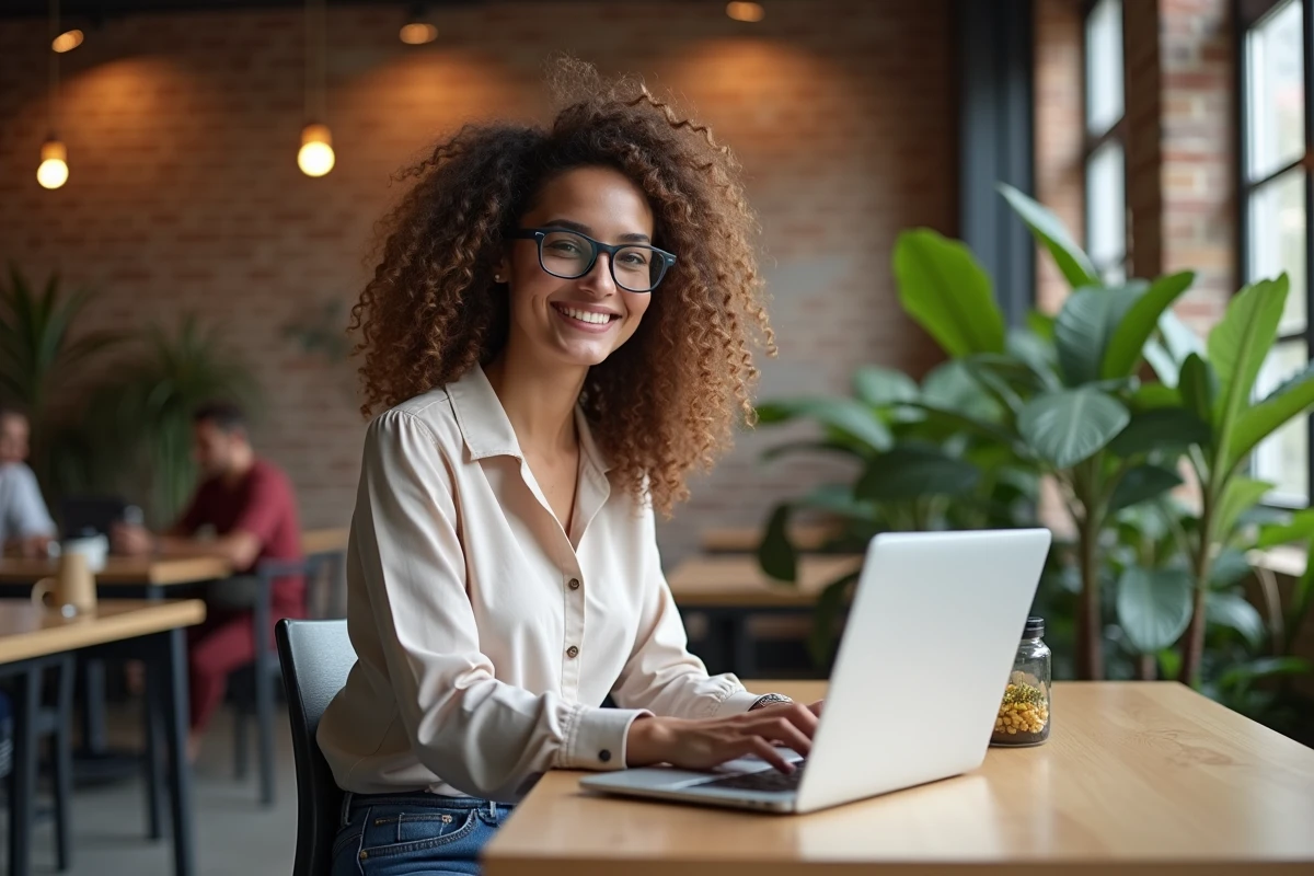 Femme souriante travaillant sur un ordinateur dans un espace coworking