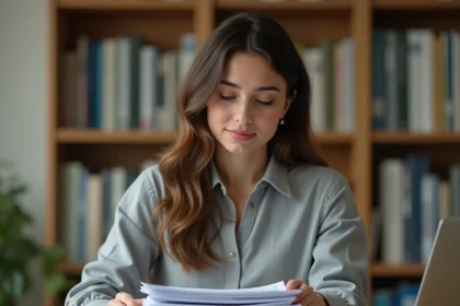 Jeune femme organisant des justificatifs administratifs pour une inscription sur la plateforme Cyclade