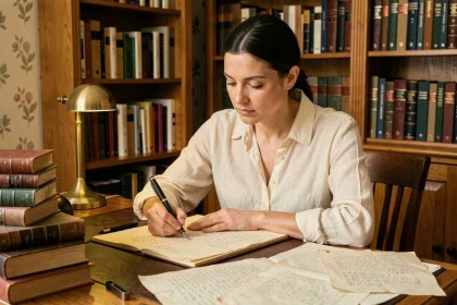 Femme écrivant à la plume sur un carnet manuscrit dans une bibliothèque vintage, illustrant la rédaction de récits au passé simple