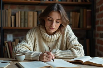 Femme écrivant une strophe de poésie dans un carnet à la plume, assise à un bureau en bois couvert de pages manuscrites