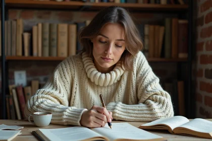Femme écrivant une strophe de poésie dans un carnet à la plume, assise à un bureau en bois couvert de pages manuscrites