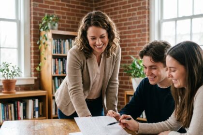Femme souriante en classe avec étudiants et notes