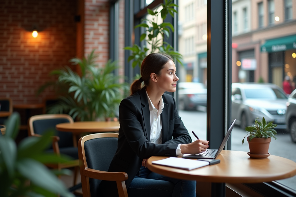Jeune femme entrepreneure dans un café urbain contemplant