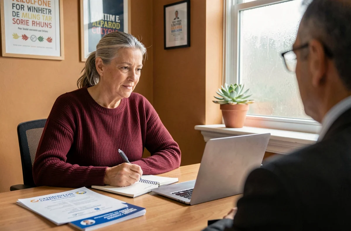 Une femme adulte en reconversion professionnelle prend des notes lors d'un entretien avec un conseiller pour comprendre la différence entre titre professionnel et diplôme