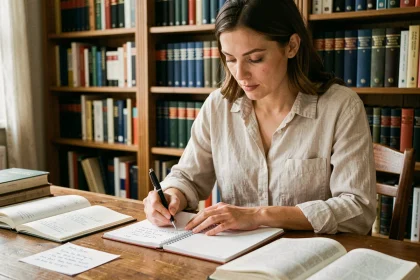 Femme étudiant les verbes du 3ème groupe avec des livres de grammaire française ouverts sur un bureau en bois