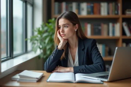 Jeune femme en business dans une bibliothèque moderne