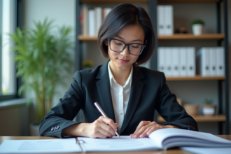 Femme d'âge moyen étudie des documents de formation