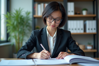 Femme d'âge moyen étudie des documents de formation
