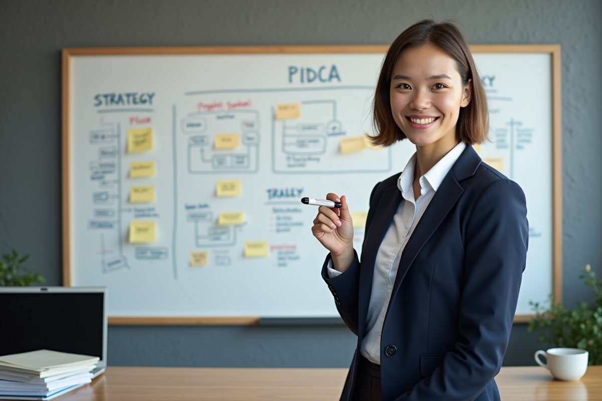 Jeune femme écrivant un diagramme PDCA sur le tableau blanc