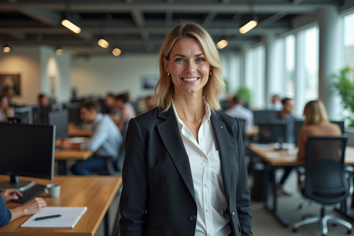 Manager femme en discussion avec équipe au bureau