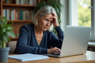 Femme frustrée devant son ordinateur portable après avoir oublié son mot de passe ENT Normandie
