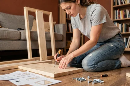 Femme novice en bricolage assemblant une étagère en bois dans son salon, apprentissage bricolage à domicile
