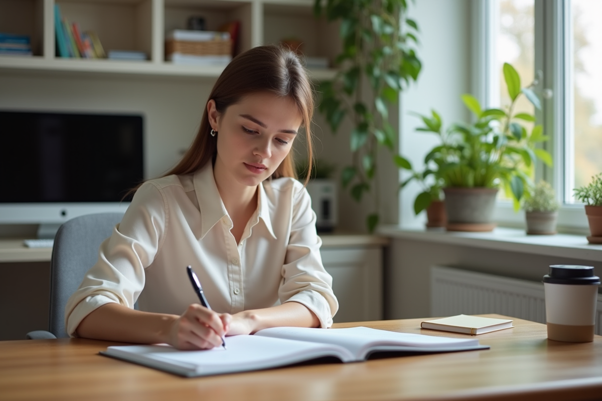 Jeune femme organisée dans son bureau moderne en train d'écrire