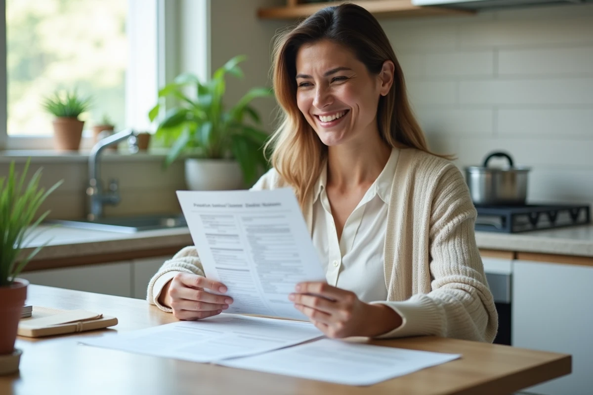 Femme à la maison examinant des papiers CPF sur le comptoir