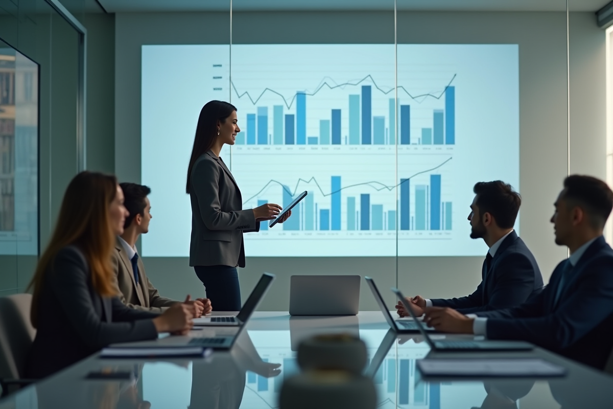 Jeune femme en business casual présente des graphiques sur une tablette